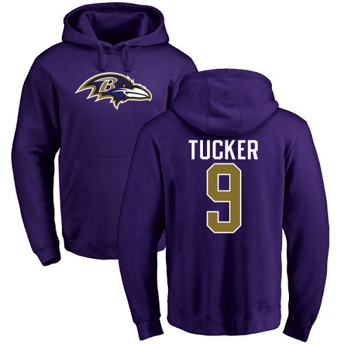 Men Baltimore Ravens Purple Justin Tucker Name and Number Logo NFL Football #9 Pullover Hoodie Sweatshirt